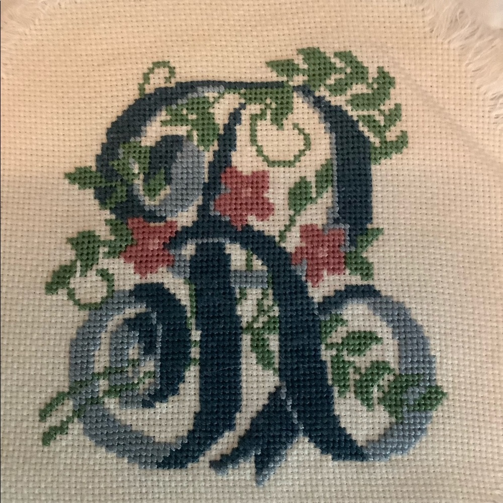 Vintage Finished Needlepoint Petit Point  “R” Initial Cross Stitch